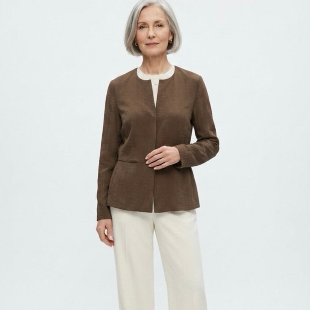EILEEN FISHER Women's Med Rayon Silk Crepe Button Blazer Jacket Chocolate Brown